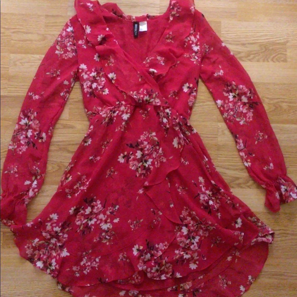 Frilly Floral Long Sleeve Red Wrap Dress